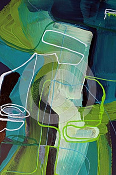 Hand-painted fragment of contemporary art. abstraction of green and brown lines