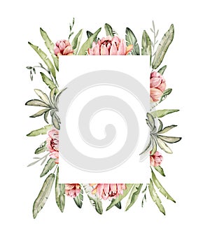 Hand-painted frame watercolor design elements. Floral tropical leaves motifs. Watercolor set of wreaths and laurels. Frame set