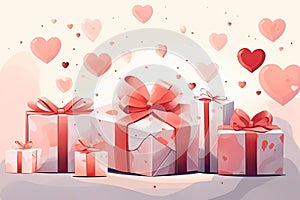 hand-painted gift boxes, hearts, red ribbons in pastel colors. Valentines day illustration