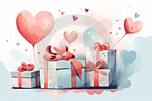 hand-painted gift boxes, hearts, red ribbons in pastel colors. Valentines day illustration