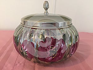 Hand painted glass bowl with a lid