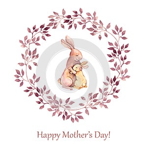 Hand painted greeting card for Mothers day with animals - mother rabbit hugging her kid. Watercolor drawing
