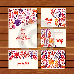 Hand painted greeting cards set with folk ethnic flowers, bright ornamental plants and branches. Autumn flowers for