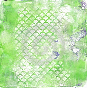 Hand-painted Grunge Distressed Abstract Paint Splashes in Green and White on Embossed Paper with Scallop Mermaid Scale Pattern