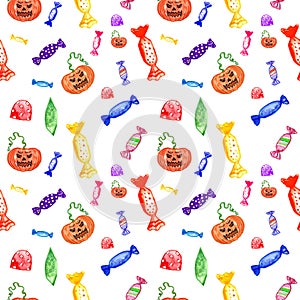 Hand painted Halloween bright pattern witch candies and spooky pumpkin.