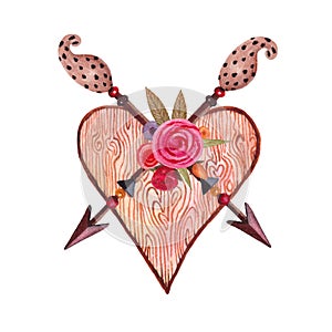 Hand painted Heart in Boho style with arrow , flowers and feather.