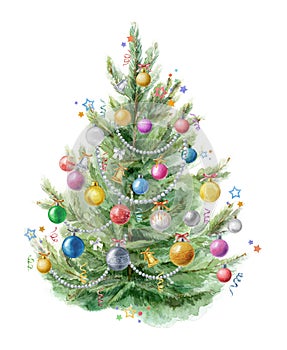 Hand painted Holiday illustration Christmas tree with balls isolated on white background. Christmas tree decorated with