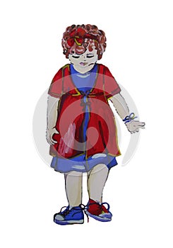 Hand painted illustration of a child. Girl with curly hair wears mismatched shoes.