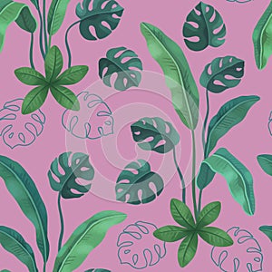 Hand painted illustration of Tropical leaves. Seamless pattern d
