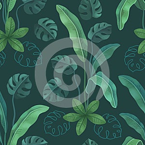 Hand painted illustration of Tropical leaves. Seamless pattern d