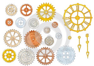 Hand-painted illustration of vintage steampunk clock engine elements. Gold, silver and copper cogwheels, arrows and more.