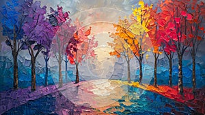 Hand painted Impressionist landscape oil painting with colorful trees.