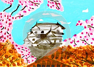 Hand Painted Ink Art Painting Castle Hikone Japan