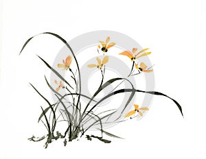 Ink brush painting of wild orchid in Chinese traditional art style