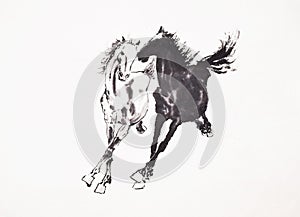 Hand painted ink brush painting of two horses in oriental style