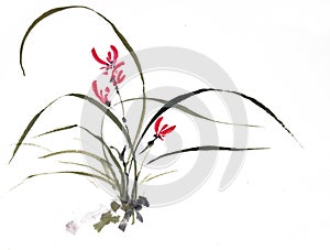 Ink brush painting of wild orchid in Chinese traditional art style