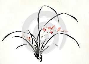 Ink brush painting of wild orchid in Chinese traditional art style