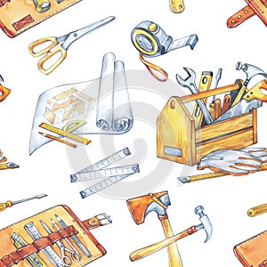 Hand painted men`s work illustration. Seamless pattern with carpentry tools. Watercolor toolbox, roulette, hammer