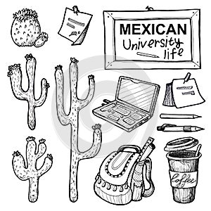 Hand-painted mexican university set with laptop, cactus, backpack and educational supplies