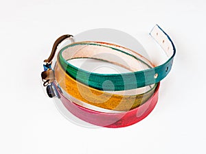 Hand painted multi colour leather belt on white