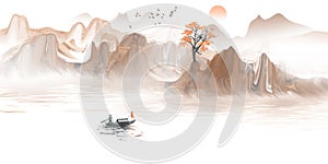 Hand painted new Chinese landscape illustration