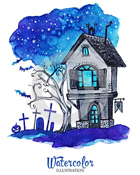 Hand painted old house at halloween`s night. Spooky landscape.