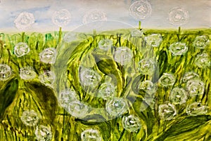 Hand painted picture, meadow with white dandelines