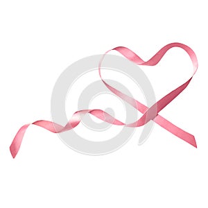 Hand painted pink ribbon in heart shaped on white background