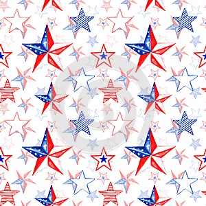 Hand painted red, blue and white stars seamless pattern. 4th of July patriotic print. Watercolor painting