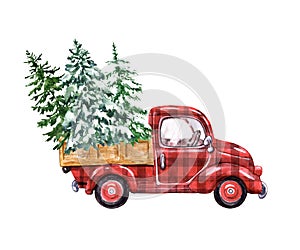 Hand painted red buffalo check Christmas pickup truck set and holiday fir trees with snow on branches. Watercolor winter