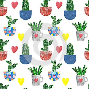 Hand painted seamless pattern with cactus and hearts. Summer floral print with cute cacti house plants in flower pots on white