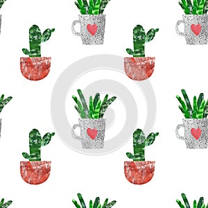 Hand painted seamless pattern with cactus . Summer botanical print with cute cacti house plants in flower pots on white background