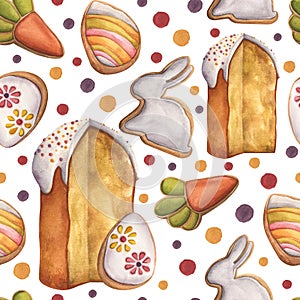 Hand painted seamless watercolor pattern with Happy Easter elements
