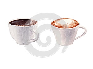 Hand painted Set with Cup of Coffee, cappuccino and chocolate mocha coffee isolated on white background