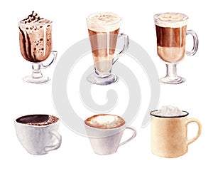 Hand painted Set with Cup of Coffee Latte and Glass of chocolate mocha coffee isolated on white background