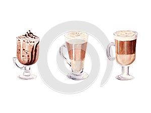 Hand painted Set with Cup of Coffee Latte and Glass of chocolate mocha coffee isolated on white background