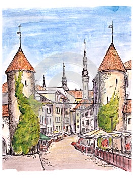 Hand painted sketch of gate of Tallinn town