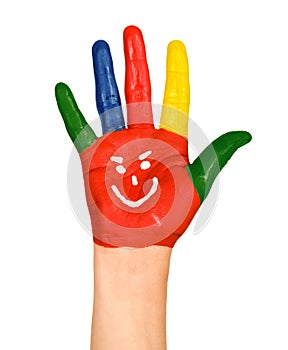 Hand painted with a smiley and colorful fingers