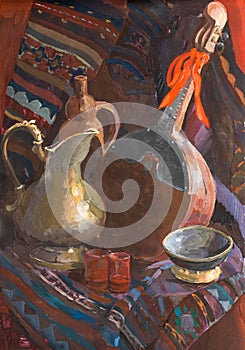 hand-painted still life with jug and mandoline