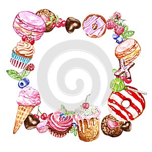 Hand painted sweets and desserts square frame for cards design, birthday. Donut, macaron, cakes, cupcakes, candies on white