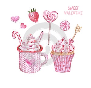 Hand painted sweets and treats for Valentines day, isolated on white background. Watercolor hot cocoa mug,cupcake,candies