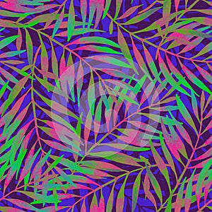 Hand painted tropical leaf in vivid rave colors on dark backgound.