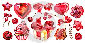 Hand painted Valentine's day set of elements. Watercolor party collection red lovely design elements isolated on