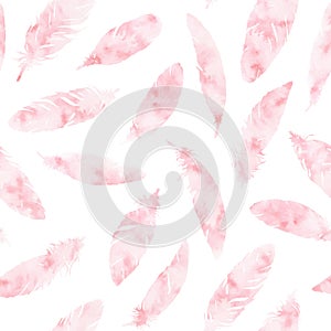 Hand painted vector feathers seamless pattern on white background. Textured pink boho decoration.