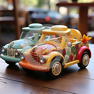 hand painted vintage toy cars on wooden surface