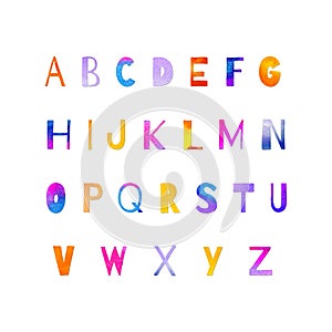 Hand painted watercolor alphabet letters in violet, blue, orange, yellow, pink colors.