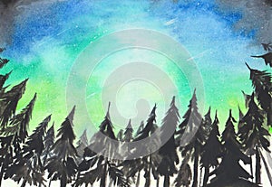 Hand painted watercolor background. Landscape with aurora polaris lights. Dark spruce trees silhouettes on starry sky background. photo