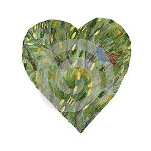 Hand-painted watercolor bird on a green bush heart isolated on white