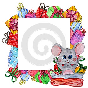 Hand painted Watercolor characters mouse frame with place for text.