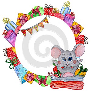 Hand painted Watercolor characters mouse frame with place for text.